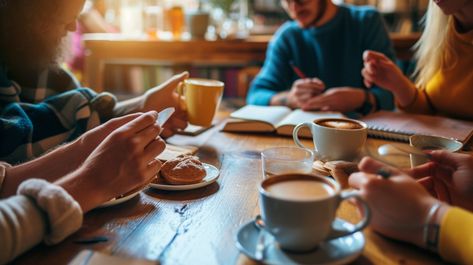 Cozy Coffee Gathering: A group of friends enjoys a warm conversation over freshly brewed coffee at a local cafe. #coffee #friends #cafe #conversation #cappuccino #latte #espresso #pastries #aiart #aiphoto #stockcake https://ayr.app/l/voJd Cafe Conversation, Coffee Gathering, Coffee And Conversation, Friends Cafe, Coffee Friends, Local Cafe, A Group Of Friends, Cozy Coffee, Brewed Coffee