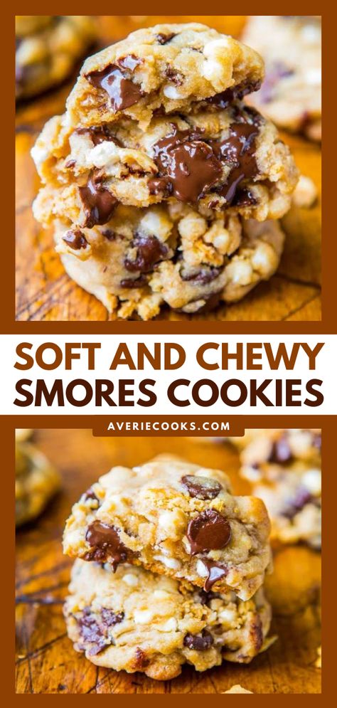 S'mores Cookies Recipe (Soft & Chewy!) - Averie Cooks Easy Dessert Idea, Memorial Day Foods, S Mores Cookies, Averie Cooks, Easy Chocolate Desserts, Smores Cookies, Baking Recipe, Chewy Chocolate Chip, Chocolate Marshmallows