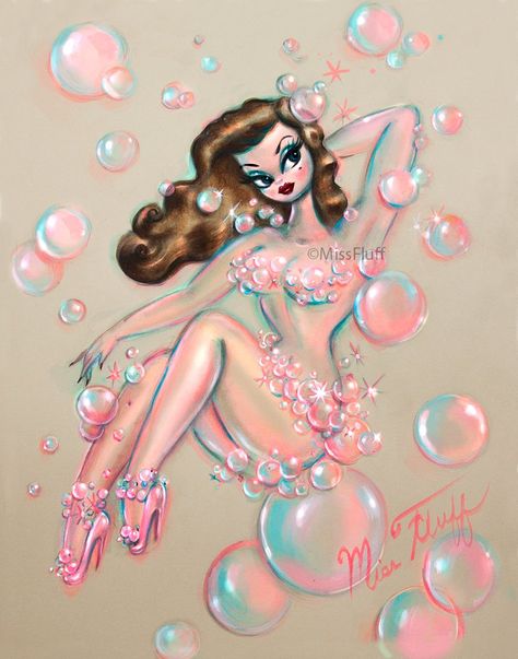 Brunette Bubble Pin Up Girl Art Print | Etsy Pink Illustration Art, Meyercord Decals, Burlesque Art, Pin Up Girl Art, Pin Up Doll, Miss Fluff, Vintage Inspired Art, Bubble Art, Vintage Pin Up