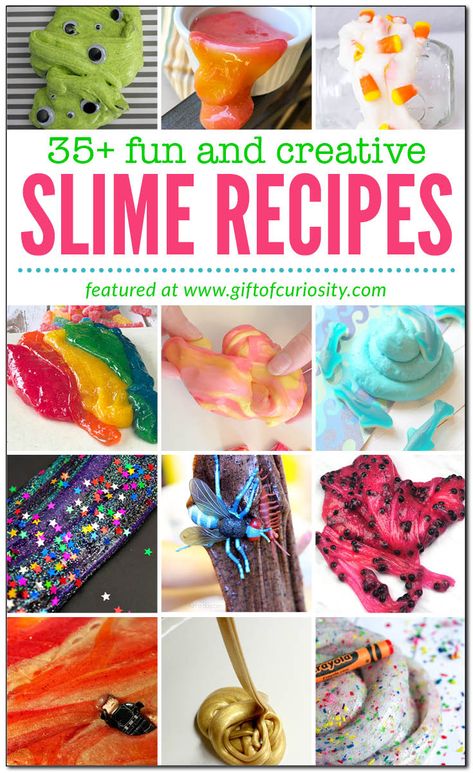 I've rounded up more than 35 of the most fun and creative slime ideas out there. These slime recipes will have your kids falling in love with slime all over again. I've got slime recipes for pretend play, nature-inspired slime, edible slime, slime with a science twist, and so much more. #slime #sensoryplay #preschool #prek #kindergarten #firstgrade #1stgrade #secondgrade #2ndgrade #thirdgrade #3rdgrade #tweens || Gift of Curiosity Starburst Slime, Chocolate Slime, Cool Slime Recipes, Homemade Slime Recipe, Slime Ideas, Edible Slime, Playing With Slime, Kids Falling, Slime Recipes