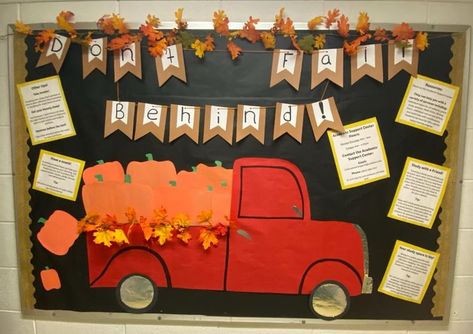 Fall 2021 residence life bulletin board. Midterm and study tips, tin foil to create the grill of the truck, fake leaves at the top and on the truck. Castleton University SCA Lauren Fall Truck Bulletin Board, Fall Ra Board Ideas, Ffa Board Ideas, Fall Ra Door Decs, September Board Ideas, Fall Ra Boards, Fall School Bulletin Boards, University Bulletin Board, Information Bulletin Board Ideas