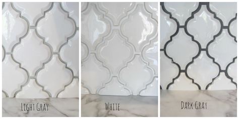 arabesque white tile with grey grout - Google Search Arabesque Tile Backsplash, Trendy Kitchen Tile, Subway Tile Backsplash Kitchen, Grey Floor Tiles, Arabesque Tile, Subway Tile Kitchen, Kitchen Backsplash Designs, Backsplash Designs, Trendy Bathroom