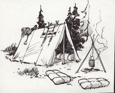 American Frontiersman, Campfire Drawing, Tent Drawing, Prepper Ideas, Camping Drawing, Small Cabins, Camp Trailer, Camp Gear, Bush Craft