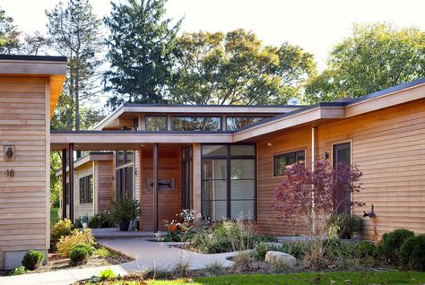 Flat Roof Homes, Siding Styles, Modern Entry, 1950s House, Modern Renovation, Cedar Siding, Clerestory Windows, Modern Ranch, Mid Century Home