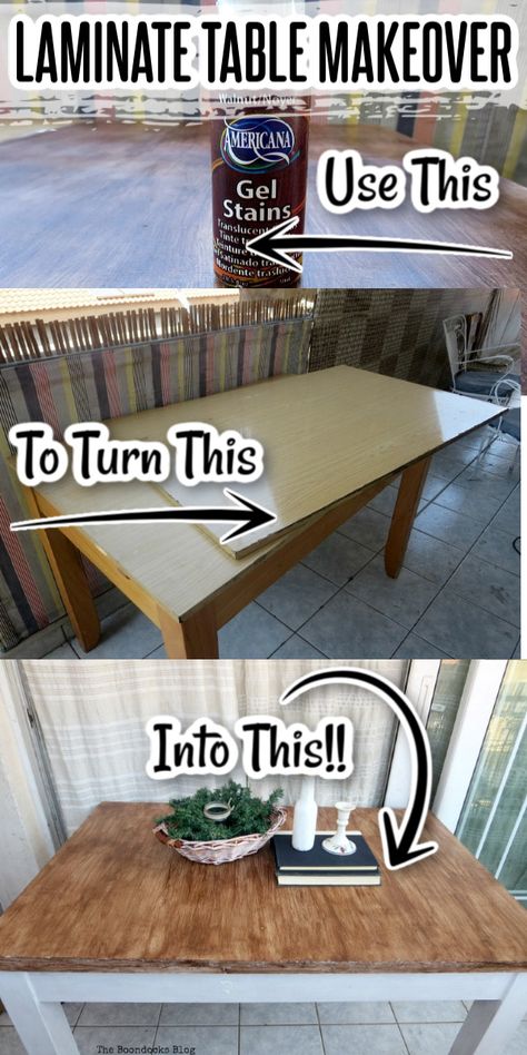 Don't throw out that old laminate table! Save money by giving it a makeover with paint and gel stain. Full step-by-step tutorial for this furniture upcycling idea included! #theboondocksblog How To Refinish A Laminate Table Top, Laminate Table Makeover, Painting Laminate Table, Refinishing Laminate Furniture, Laminate Furniture Makeover, Refinished Table, Painting Laminate Furniture, Dining Table Makeover, Painting Laminate