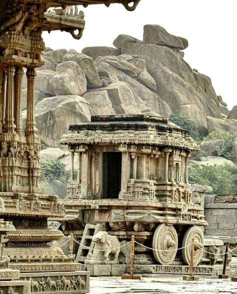 Earth Ancients | The Hampi stone chariot built by King Krishnadevaraya of the Vijayanagara Empire in 16th century, is actually a shrine dedicated to Garuda, built insi... Hampi Stone Chariot, Vijayanagara Empire, Spiritual Photos, Indian Temple Architecture, Indian Sculpture, Temple Architecture, History Of India, Hampi, Ancient India