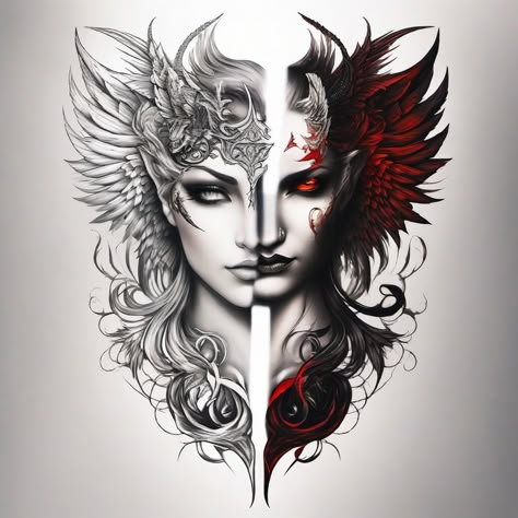 Half Angel Half Demon Tattoo-Intriguing and symbolic tattoo Angel And Demon Back Tattoo, Half Angel Half Demon Art, Demon Tattoo Female, Angel And Demon Wings Tattoo, Angels And Demons Tattoo, Half Angel Half Demon Tattoo, Duality Tattoo Ideas, Angel And Demon Tattoo, Devil And Angel Tattoo