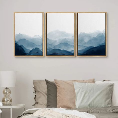 Signwin 3 Piece Framed Canvas Wall Art Blue and White | Etsy Minimal Landscape, Modern Watercolor Art, Wall Art Blue, Watercolor Mountains, 3 Piece Wall Art, Watercolor Canvas, Mountain Wall Art, Art Blue, Nature Paintings