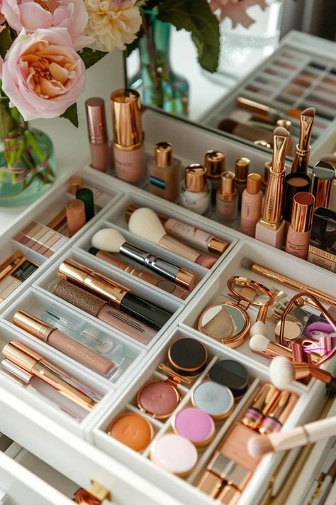 Compact Beauty: Makeup Storage Ideas for Small Spaces How To Organize Makeup, Makeup Storage Ideas, Makeup Storage Solutions, Storage Ideas For Small Spaces, Organize Makeup, Palette Organizer, Space Makeup, Lipstick Organizer, Drawer Inserts