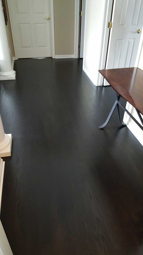 Black Vinyl Flooring Living Room, Painted Black Floors, Black Stained Floors, Black Stained Wood Floors, Black Hardwood Floors, Hardwood Floor Stain Colors, Painted Plywood Floors, Black Vinyl Flooring, Oak Floor Stains