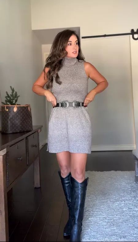 Cute fall outfit idea for women- Walmart turtleneck sleeveless dress with western belt and boots. Shop it all on the post. Western Sweater Dress Outfits, Elegant Vest Outfit, Sleeveless Turtleneck Dress Outfit, Dress With Western Belt, Turtle Neck Dress Outfit, Sweater Dress Outfit Fall, Dress Outfit Fall, Sweater Dress With Belt, Sleeveless Dress Outfit