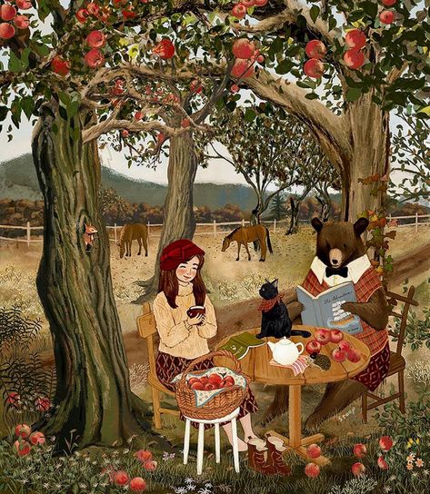 Storybook Art, Bel Art, Art Mignon, Autumn Illustration, Oita, Apple Orchard, Art Et Illustration, Apple Tree, Autumn Art