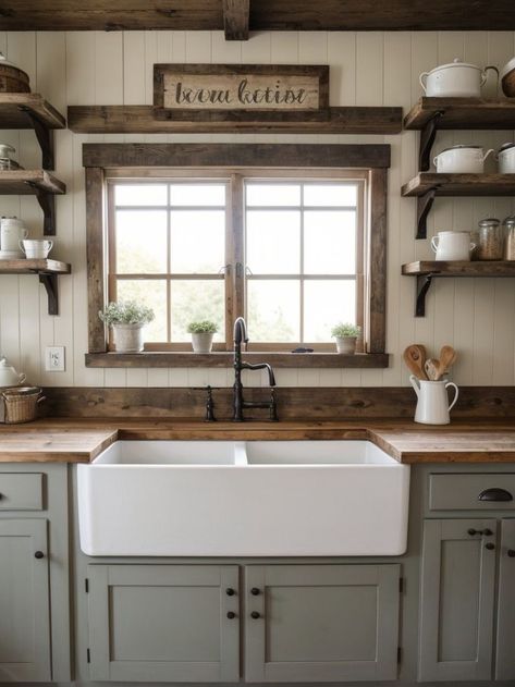 Grey Country Kitchen Farmhouse Style, Farmhouse Kitchen Renovation Ideas, Farmhouse Kitchen With Butcher Block, Lake Cabin Kitchen, Old Fashioned Farmhouse, Old Farmhouse Kitchen, Farmhouse Kitchen Inspiration, Western Kitchen, Farmhouse Kitchen Remodel