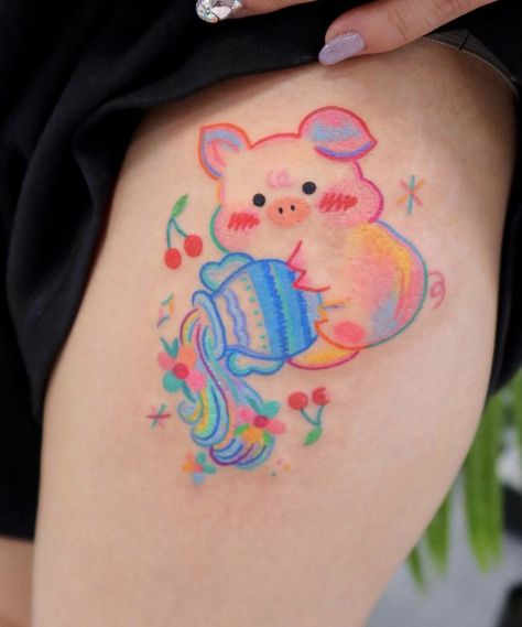 Cute Pig Tattoo, Lined Tattoos, Pig Tattoo Ideas, Hello Kitty Kandi, Piglet Tattoo, Pig Tattoos, Winnie The Pooh Tattoos, Kawaii Tattoos, Teacup Tattoo