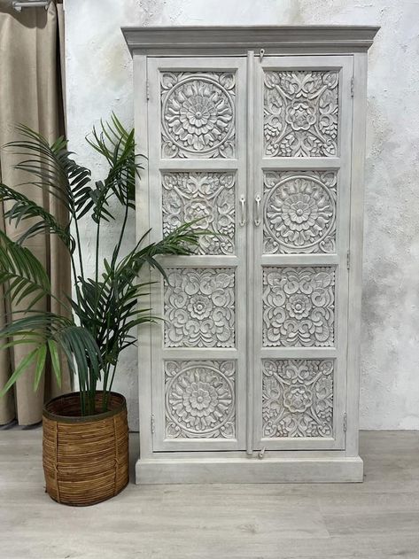 KireiHome - Etsy UK Carved Cabinet, Mango Wood Furniture, Muebles Shabby Chic, Mango Wood Sideboard, Armoire Wardrobe, Wood Armoire, Double Wardrobe, Carved Furniture, 3 Shelves