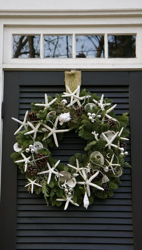 Seaside Wreath coastal Christmas decor starfish Seaside Wreath, Coastal Wreath, Florida Christmas, Coastal Christmas Decor, Coastal Holiday, Beachy Christmas, Nautical Christmas, Beach Wreath, Christmas Front Doors