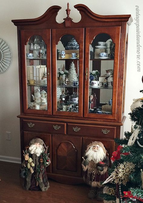 Painted China Cabinets Dining Room, Wood China Cabinet Painted Inside, Update China Cabinet Without Painting, Mirrored China Cabinet, China Cabinet Update, China Cabinet Christmas Decorating Ideas, Painted China Cabinets Before And After, Queen Anne China Cabinet Makeover, Painting An Old China Cabinet