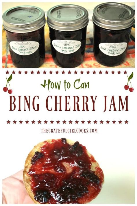 Bing Cherry Jam, enhanced with the addition of amaretto, is a delicious fruit spread for toast or biscuits! Recipe includes canning instructions. / The Grateful Girl Cooks! Bing Cherry Jam, Bing Cherry Recipes, Canning Cherries, Farmstand Recipes, Cherry Jelly Recipes, Sweet Cherry Recipes, Corn Cob Jelly, Cherry Jam Recipe, Jam Preserves