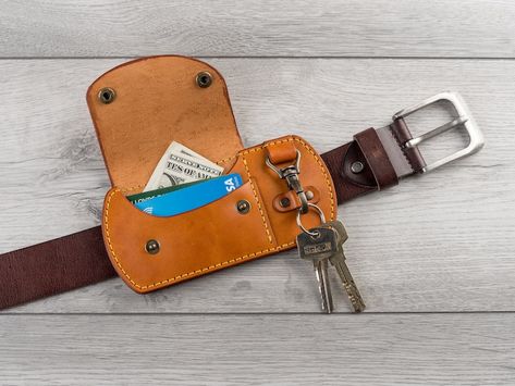 Personalised Handmade Leather Belt Wallet, Leather Key Holder With Wallet - Etsy Belt Key Holder, Leather Knife Sheath Pattern, Diy Leather Working, Leather Working Projects, Belt Wallet, Diy Leather Projects, Leather Wallet Pattern, Leather Craft Projects, Leather Key Holder