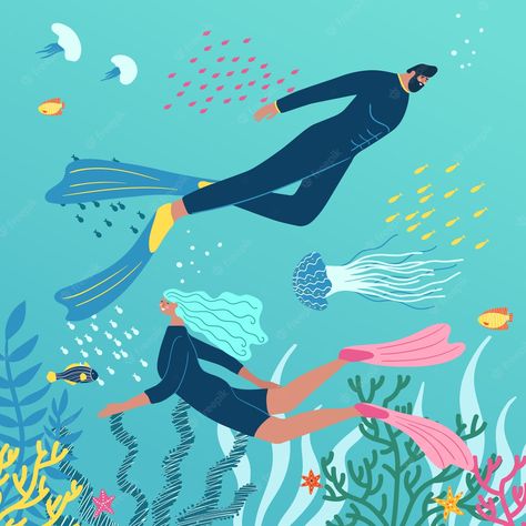 Premium Vector | Scuba diving Life Below Water Illustration, Scuba Illustration, Scuba Diving Illustration, Diving Illustration, Water Drop Logo, Sea Illustration, Water Poster, Sea Life Art, Star Illustration