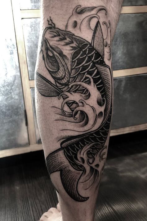 Koi fish Instagram: @mattiaprovezzatattoo #blackwork #blackworktattoo #blackworkwrers #blacktattooart #blacktattoo #mattiaprovezzatattoo Koi Fish Men Tattoo, Black And Gray Koi Fish Tattoo, Realism Fish Tattoo, Dark Koi Fish Tattoo, Tato Koi, Koi Fish Tattoo For Men, Black Koi Fish Tattoo, Koi Fish Tattoo Black, Blackwork Tattoo Men