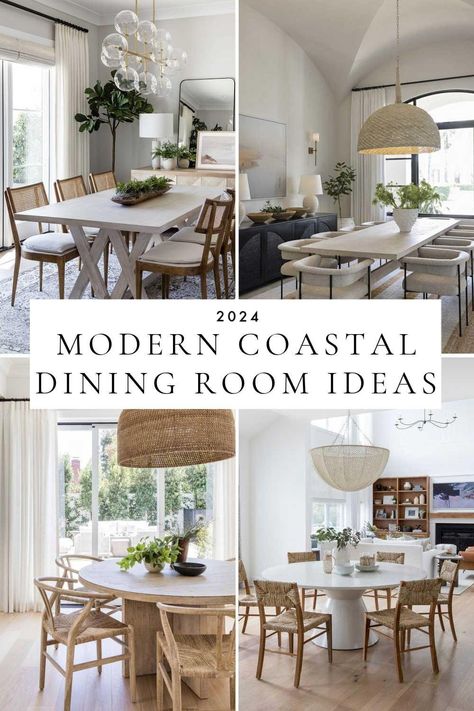 Beach House Kitchen Table And Chairs, Modern Coastal Breakfast Nook, Dining Room Coastal Farmhouse, California Modern Dining Room, Modern Coastal Dining Room Ideas, 2025 Dining Room Trends, Beachy Dining Room Ideas, Coastal Dinning Room, Coastal Dining Room Table