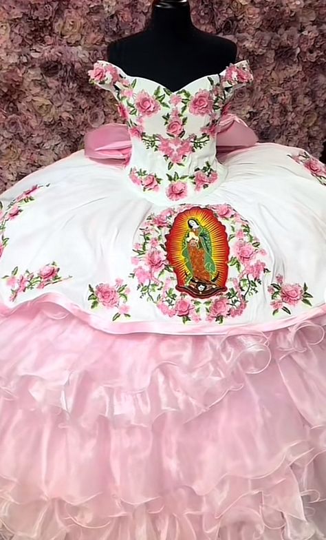 Sunflower Quince Dresses, Pink Charro Quince Dress, Virgencita Quince Dress, Virgin Mary Quinceanera Dress, 15 Dresses Quinceanera Charro, Pink And Blue Quinceanera Dresses, Pink Charro Dress, Guadalupe Quince Dress, Charo Quince Dresses