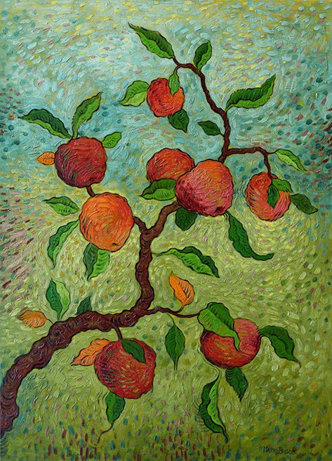 COOL GYRATION by MARK BRISCOE, Oil Tempera, 27.5inches x 20inches x 0.5inch Apple Branch, Ram Krishna, Indian Miniature, Udaipur India, Apple Painting, Tempera Painting, Post Impressionism, Impressionist Art, Easy Watercolor