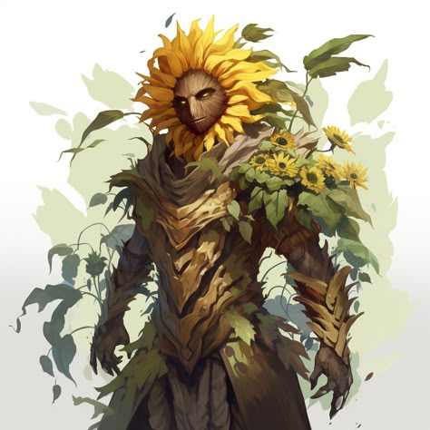 An illustration of a man made of sunflower plants. He has wooden armor-like plates over his arms and chest with moss, stems, and sunflowers poking through at crevices. Instead of hair, he has a halo of sunflower petals that are like a lion’s mane. Plant Person Character Design, Plant Person Art, Swarmkeeper Ranger Dnd, Plant Armor, Plant Person Character, Plant Humanoid, Sunflower Character, Dnd Ranger, Ranger Dnd