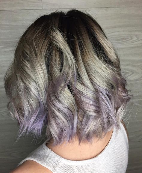 Silver and Purple Hair Gray Hair With Purple Highlights Silver, Gray Hair With Peekaboo Color, Lilac Highlights Brown Hair, Gray Dyed Hair, Silver Hair With Purple Highlights, Gray Hair With Purple Highlights, Greyish Purple Hair, Grey And Purple Hair, Silver And Purple Hair