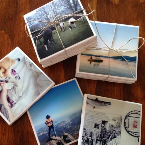 Waterproof Photo Tiles I used some basic white ceramic tiles (20¢ each) and painted a coat of Mod Podge right onto the glossy part of the tile and laid my photo flat. I let them dry for about an hour, then did another layer of Mod Podge right on top of the photo (it dries clear), followed by three layers of clear lacquer.   This project does take a few days since lacquer needs about three hours to dry in-between. They are waterproof, they can be used as coasters. Custom Photo Coasters, Ceramic Tile Crafts, Photo Crafts, Coworkers Christmas, Photo Coasters, Tile Crafts, Photo Tiles, Photo Transfer, Tile Projects