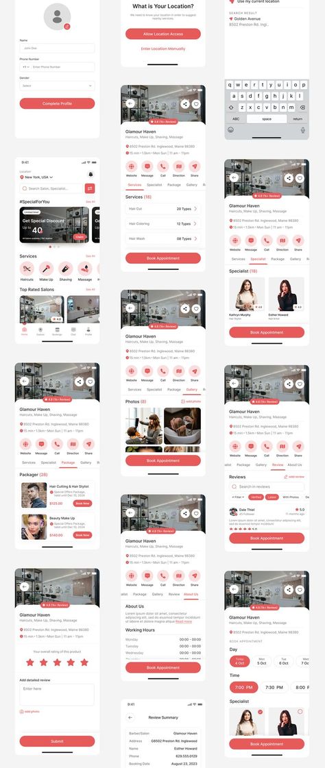 Salon Booking App | Barber Booking App | Salon App Figma UI Design | Beauty Salon App | Hair Salon App Home Screen, App Design Layout, Mobile Application Design, Beauty App, Mobile App Design Inspiration, Creative Website Design, Booking App, Ui Design Website, Web Ui Design