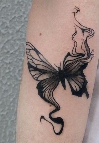 Stacked Butterfly Tattoo, Drippy Butterfly Tattoo, Melting Butterfly Tattoo, Creepy Butterfly Tattoo, Butterfly And Moth Tattoo, Trippy Butterfly Tattoo, Minimal Tattoo Designs, Minimal Tattoo Ideas, Ear Tattoo Ideas