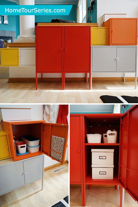 The IKEA LIXHULT cabinets are fun and colorful storage solutions in any space. The IKEA Home Tour Squad used these in their entryway makeover because they can be stacked in a variety of ways, customizing to your storage needs. Lixhult Ikea Ideas, Ikea Lixhult, Ikea Home Tour, Ikea Vintage, Ikea Cabinet, Ikea Storage Cabinets, Entryway Makeover, Red Cabinets, Living Room Transformation