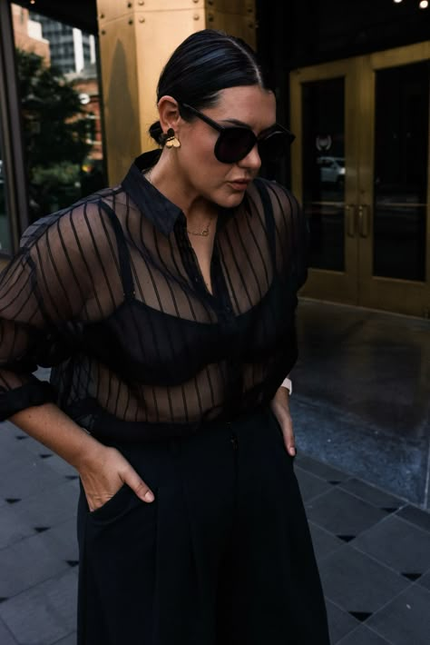 Sheer Button Up Blouse Outfit Black, Styling Sheer Shirt, Sheer Button Up Shirt Outfit, Sheer Blouse Outfit Classy, Sheer Button Down Outfit, Sheer Black Blouse Outfit, Long Black Seethrough Shirt Outfit, Transparent Black Top, Sheer White Blouse Outfit