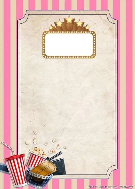 (FREE PRINTABLE) – Movie Night Invitation Template | Download Hundreds FREE PRINTABLE Birthday Invitation Templates Cinema Party Invitations, Movie Night Flyer, Movie Night Tickets, Cinema Party, Movie Night Invitations, Movie Invitation, Pink Movies, English Posters, Free Printable Birthday Invitations