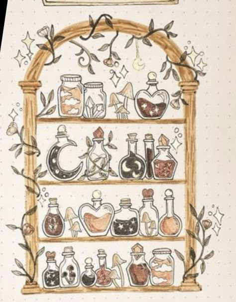 Witch Shelf Drawing, Bujo Library, Apothecary Drawing, Potion Doodle, Shelf Doodle, Witchy Drawing Ideas, Witchcraft Drawing, Magical Doodles, Dark Academia Bookshelf