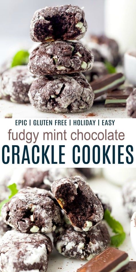 These Fudgy Mint Chocolate Crinkle Cookies are soft with a rich dark chocolate flavor and a hint of mint! They will satisfy all of your cookie cravings, are gluten free and make the best addition to your holiday baking! #crinklecookies #crackle #mintchocolate #joyfulhealthyeats #christmascookies #cookieexchange #glutenfreecookies #easycookies Andes Mint Chocolate Crinkle Cookies, Mint Chocolate Crinkle Cookies, Mint Fudge Baking Chunks Recipes, Chocolate Mint Crinkle Cookies, Gluten Free Mint Cookies, Mint Cookie Recipes, Mint Crinkle Cookies, Cookies Crinkle, Whip Cookies