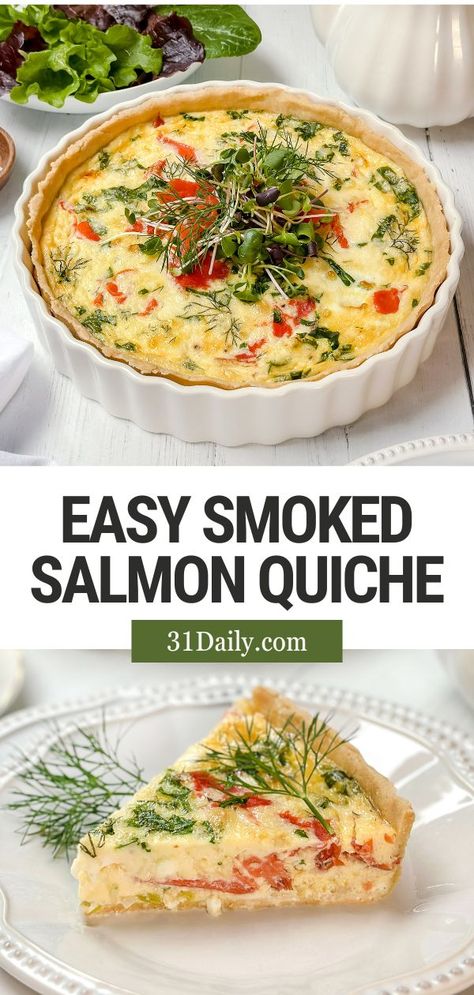 When brunch season arrives, Smoked Salmon Quiche is a delightful dish that's simple to make, utterly creamy and delicious, and a wonderful addition to any brunch menu! Smoked Salmon Pie, Salmon Quiche Recipes, Smoked Salmon Recipes Breakfast, Savoury Party Food, Smoked Salmon Quiche, Smoked Salmon Frittata, Smoked Salmon Recipe, Smoked Salmon Breakfast, Salmon Quiche