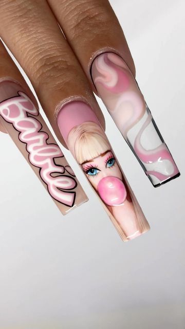 Barbie Themed Nails, Barbie Nails Acrylic, Barbie Nail Art, Fitness Barbie, Barbie Aesthetics, Barbie Nail, Dot Nail Art Designs, Nail Signs, Barbie Pink Nails