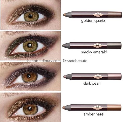 Charlotte Tilbury eyeshadow pencil swatches. Love the pigmentation and they last all day. A bit pricey, but worth it! Charlotte Tilbury Eye Pencil, Charlotte Tilbury Eyeshadow Looks, Charlotte Tilbury Eye Makeup, Charlotte Tilbury Swatches, Wedding Makeup Bronze, Charlotte Tilbury Makeup Looks, Charlotte Tilbury Eyeliner, Ct Makeup, Girly Products