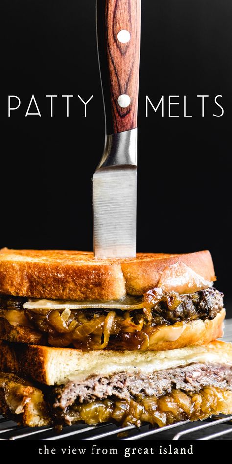 patty melt sandwich with knife stuck in the top Patty Melt Recipe, Smashed Burgers, Sandwich Burger, Burger Sandwich, Smash Burger Recipe, Hot Sandwiches, Sourdough Sandwich, Melt Recipe, Patty Melt