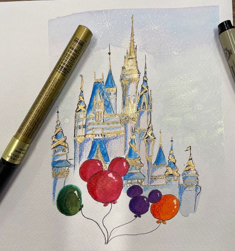 It’s not perfect but it’ll do. I needed to make a quick “Get well soon” card and the recipient loves Disney. It’s been a long time since I’ve painted with watercolor and I should have used a ruler but for 1-2 hrs spent, it’s not terrible. #watercolorpainting #greetingcards #disney Disney Castle Drawing, Castle Sketch, Castle Drawing, Castle Painting, Disney Canvas, Disney Paintings, Book Illustration Art, Book Art Diy, Art Drawings Sketches Creative