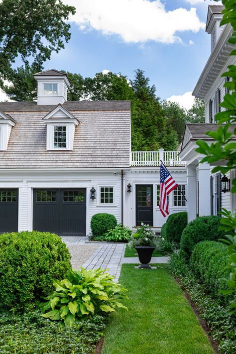 Colonial Carriage House Garage, Victorian Garage Addition, Colonial House Exterior With Garage, Uk Exterior House, New England Garage, Garage Connected To House Breezeway, Patrick Ahearn Exterior, Garage Behind House, Garage In Front Of House