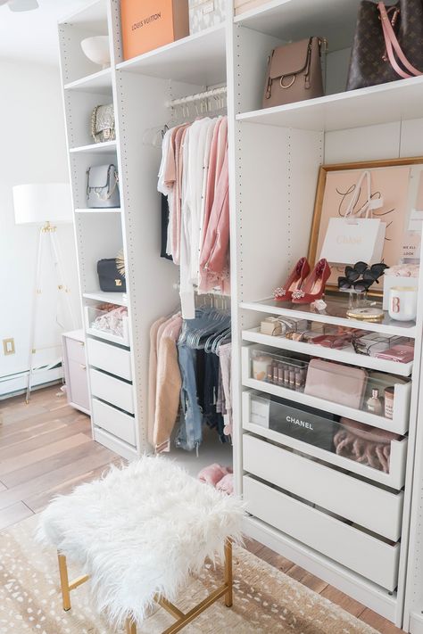 DIY an Organized Closet {big or small!} with the Ikea PAX Wardrobe System | The Happy Housie Ikea Closet Organizer, Small Apartment Organization, Organized Closet, Small Apartment Bedrooms, Ikea Closet, Ikea Pax Wardrobe, White Closet, Big Closets, Clothes Closet Organization