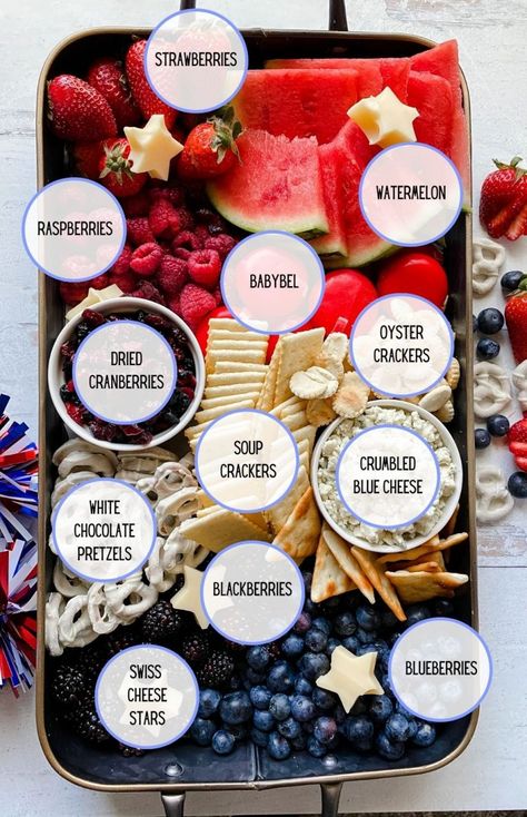 Easy 4th of July Charcuterie/Cheese Board (Red White & Blue) 4th Charcuterie Board, July 4th Appetizers, 4th Of July Charcuterie Board, Blue Foods, 4th July Food, Memorial Day Foods, White Chocolate Pretzels, Charcuterie Cheese Board, Club Crackers