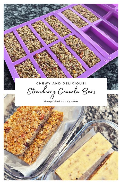 Chewy Strawberry Granola Bars are super easy to make and oh so good! Chock-full of crispy rice, toasted oats and freeze-dried strawberries. Freezer Granola Bars, Rice Crispy Granola Bars, Strawberry Energy Bites, Yogurt Dipped Granola Bars, Freeze Dried Cereal Bars, Homemade Strawberry Granola Bars, Freeze Dried Strawberry Granola Bars, Freeze Dried Strawberry Recipes Healthy Snacks, Strawberry Granola Bars