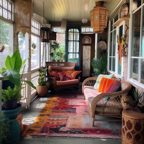 Sun Porch Entryway, Diy Sunroom On A Budget Cozy, Four Seasons Porch Decor, Inclosed Porch Decorating Ideas, Functional Sunroom Ideas, Boho Chic Sunroom, Enclosed Porch Sunroom, Funky Sunroom, Colorful Screened In Porch