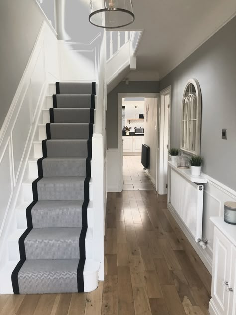 Entrance And Stairs Ideas, Gray And White Hallway Ideas, Hallway Flooring Ideas Herringbone, Grey White Hallway Ideas, Stairs Ideas Carpet, Stairs Design With Carpet, Semi Detached Hallway Ideas, Hallway With Stairs Entryway, Small Hallway With Stairs