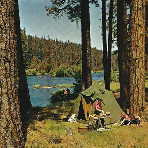 themcgovernresidence: Camping on the Metolius River near Sisters, Oregon Ray Atkeson © 1968 #poler #polerstuff #campvibes Sisters Oregon, Camping Aesthetic, Vintage Camping, Samar, Granola Girl, Family Camping, Summer Dream, Go Camping, Pretty Places